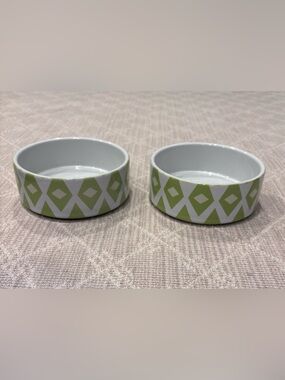 Pair of Ceramic Dog Dishes in Lime and White